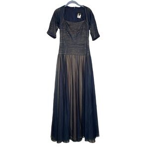 Tadashi Shoji Gown Navy chiffon overlay Nude event maxi dress women’s size 6